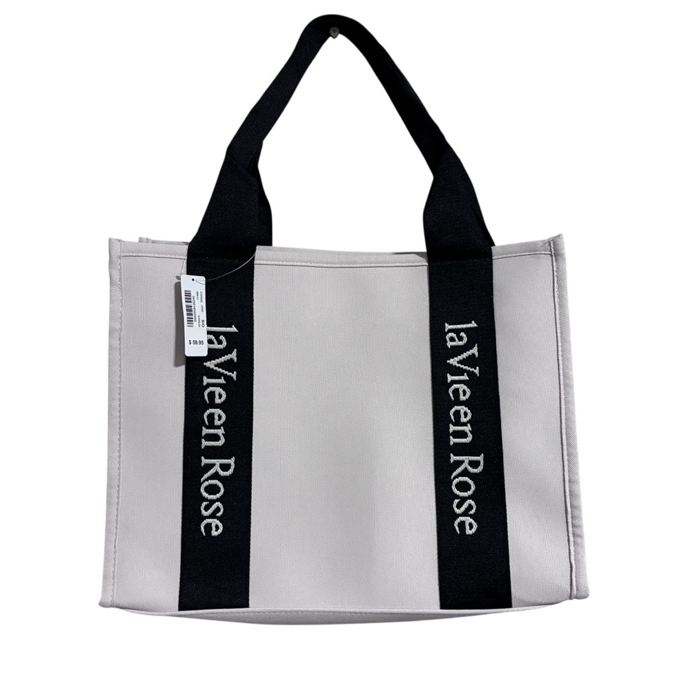 Cream Canvas Tote with Black Logo Straps